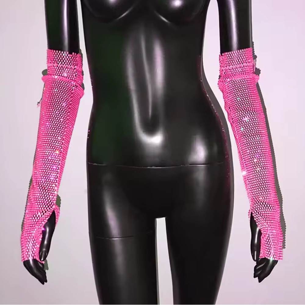 Rose Red Sequins Shiny Bling Streetwear Gloves Fishnet Rave Y2K Sleeves NEW Pink